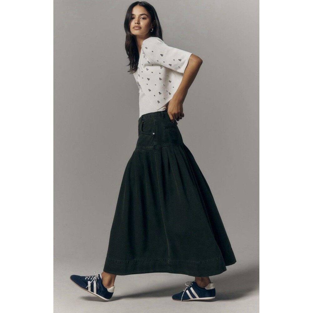 Anthropologie Pilcro Pleated Basque Waist Denim  Green Midi Skirt Size 10 NWT